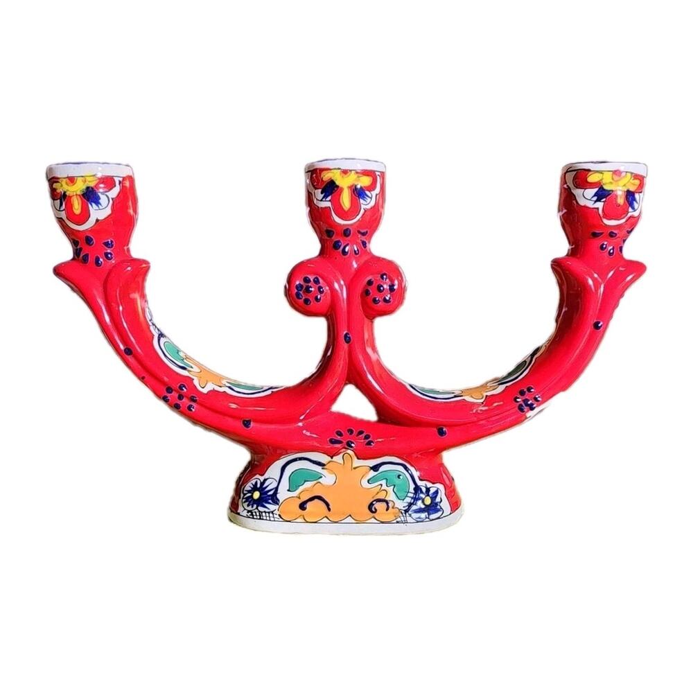 Hand Painted Mexican Vintage Ceramic Candelabra Red Folk Art Glazed Lead Free